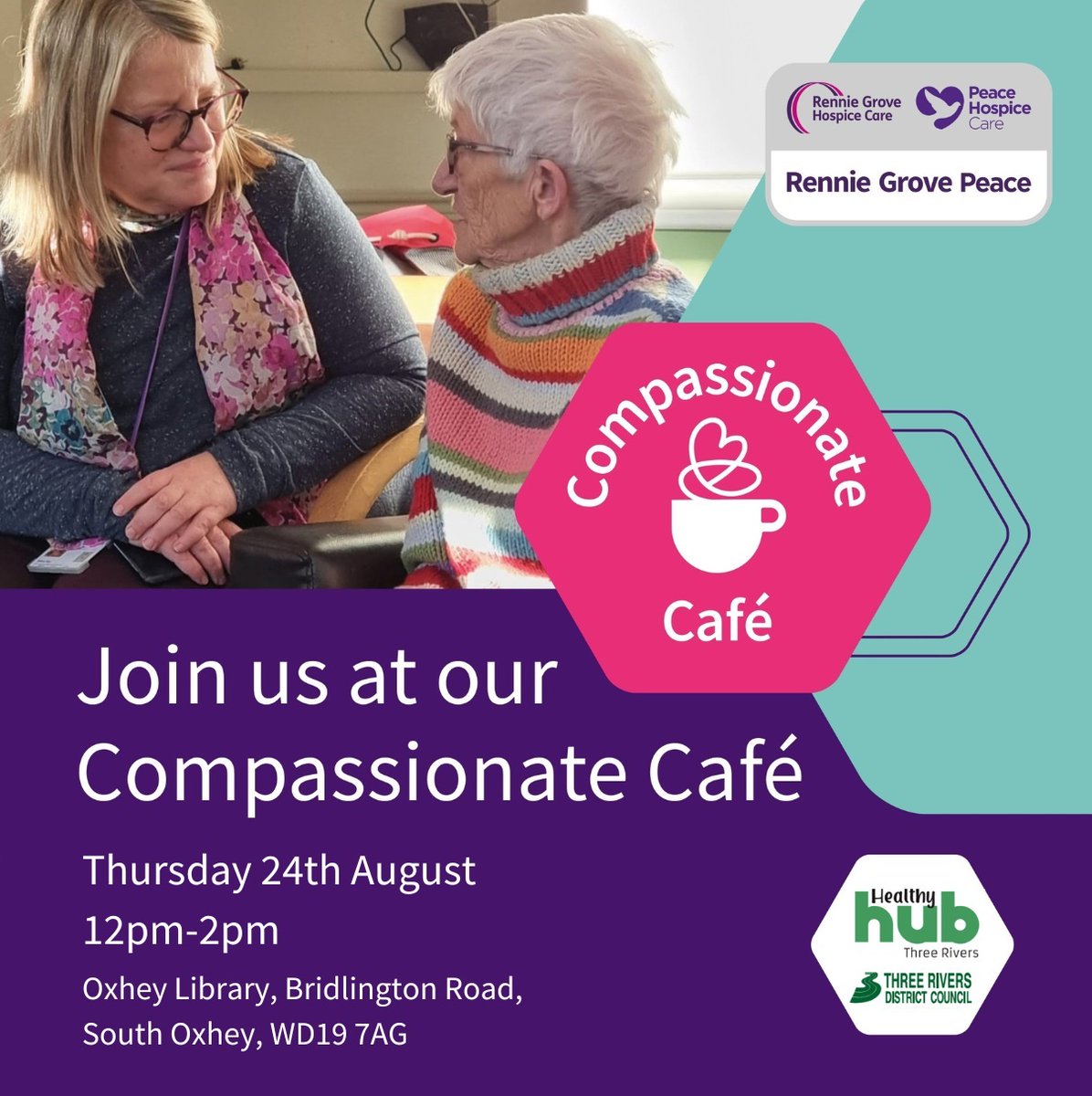 Join us at the Compassionate Cafe in South Oxhey

If you've been affected by grief or loss, come down for a friendly chat

📅 Thursday 24 August
⏰12pm - 2pm
📍   Oxhey Library, Bridlington Road

#ThreeRivers #HealthyHub <a href="/peacehospice/">Peace Hospice Care</a>