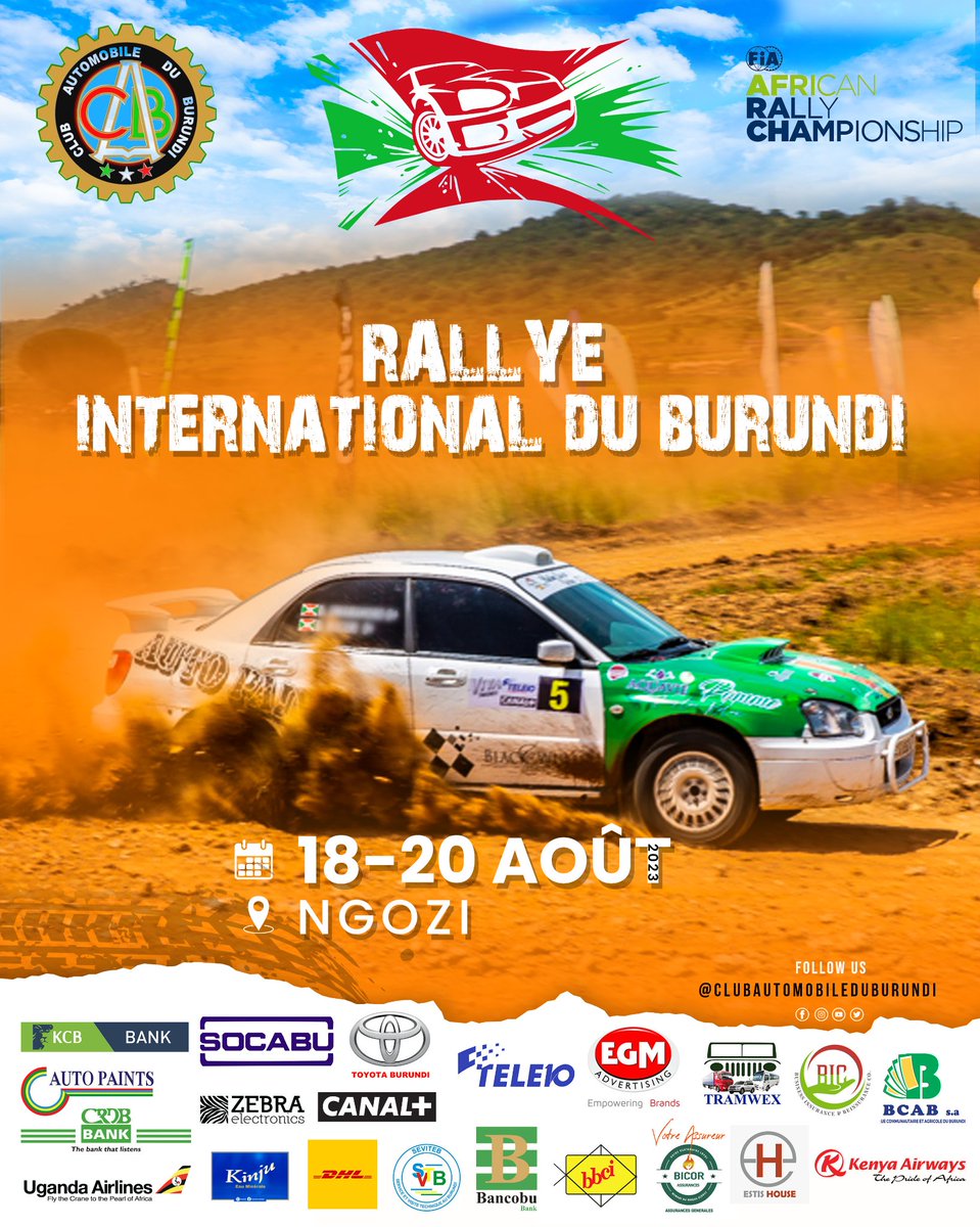 #Abatwip
🚗💥💨💨 #OdeurYaRallye

Après 30 ans d'absence, le Club Automobile du #Burundi 🇧🇮 vous donne rendez-vous dans la province de #Ngozi le weekend du 18 au 20 Août 2023 pour assister au Rallye International du Burundi 2023 ( FIA African Rally Championship )
 
Karibuuu 🚗🏁