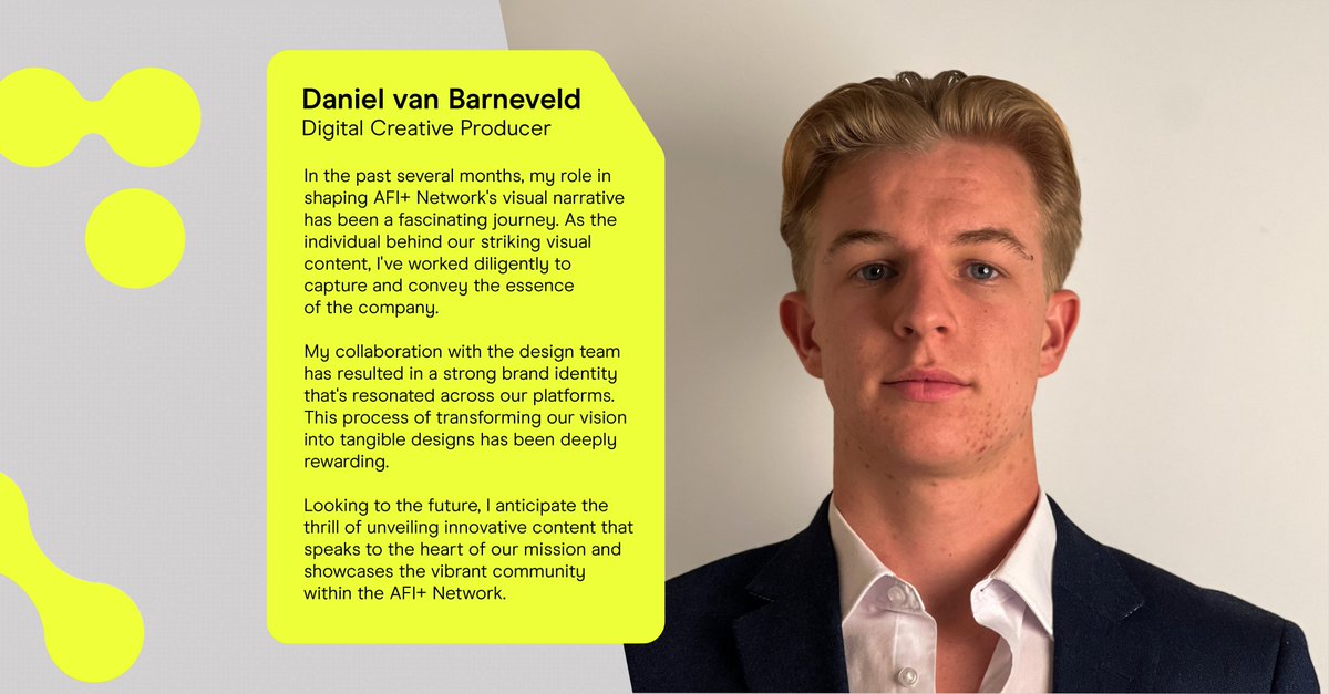 Introducing Daniel van Barneveld, AFI+ Network's Digital Creative Producer. His vibrant visual narrative is shaping our brand identity across platforms.

Exciting, innovative content ahead!

#MeetTheTeam #AFINetworks #Web3Startups