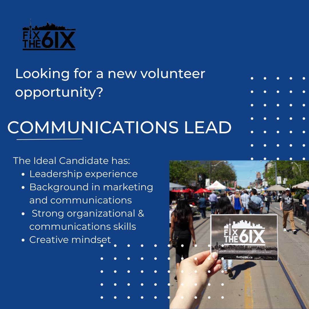 fix6ix's tweet photo. Calling all #volunteers! Fix the 6ix is looking for a new Communications Pillar Lead. Are you looking for experience in #marketing and #communications? This may be the right opportunity for you! Apply today! https://t.co/LnDX4NjTci https://t.co/yGscLirHp0