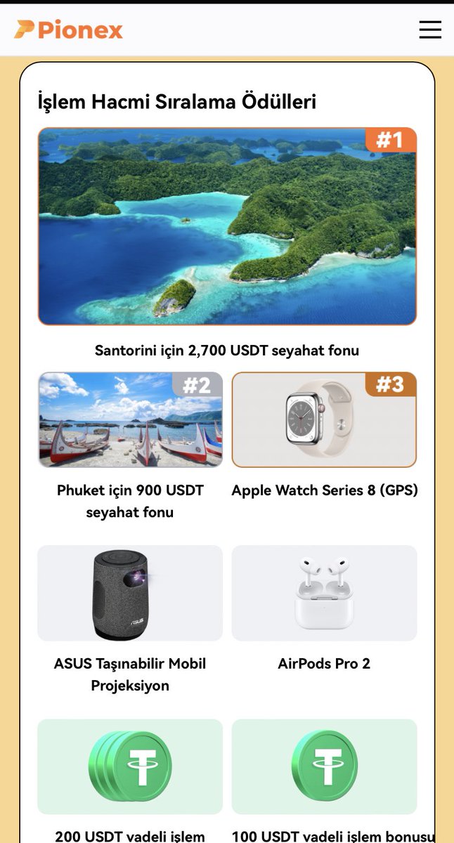 Pionex Borsası  İşlem hacmi ödüllerini açıkladı. Santorini tatili kazanmak için aşağıdaki linkten üye olabilirsiniz

Pionex: pionex.com/en/sign/ref/AM…

@pionex_com #pionex