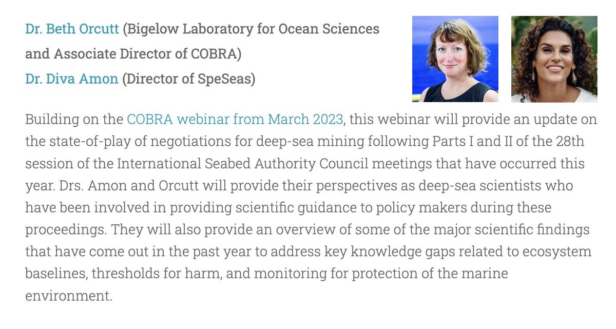 Want to understand what happened at the @ISBAHQ negotiations on #DeepSeaMining? Join this webinar with @DivaAmon @DeepMicrobe (Dr. Bett Orcutt) two incredible deep sea scientists to hear their perspectives Register 👉 bit.ly/3E9sEIJ #DefendTheDeep #NoDeepSeaMining