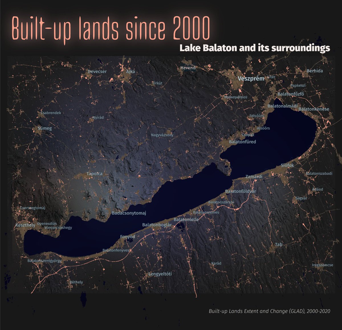 Built-up Lands Extent and Change (2000-2020) around Lake Balaton, Hungary 
Data: Global Land Analysis and Discovery (GLAD) glad.umd.edu

#GoogleEarthEngine #mapping #maps #cartography #ddj #dataviz