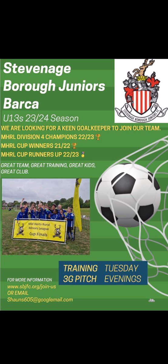 Dawsons team looking for a goalie ⚽️🙌 
Div 3 <a href="/midhertsrml/">MHL</a> 
Play Sundays.
Any JPL goalies want a Sunday team?
If your child is going into school Year 8 and is a keen goalie, please get in touch.
Please share with friends and family 
<a href="/SBJFC1/">Stevenage Boro Juniors FC</a> <a href="/HertfordshireFA/">Hertfordshire FA</a>