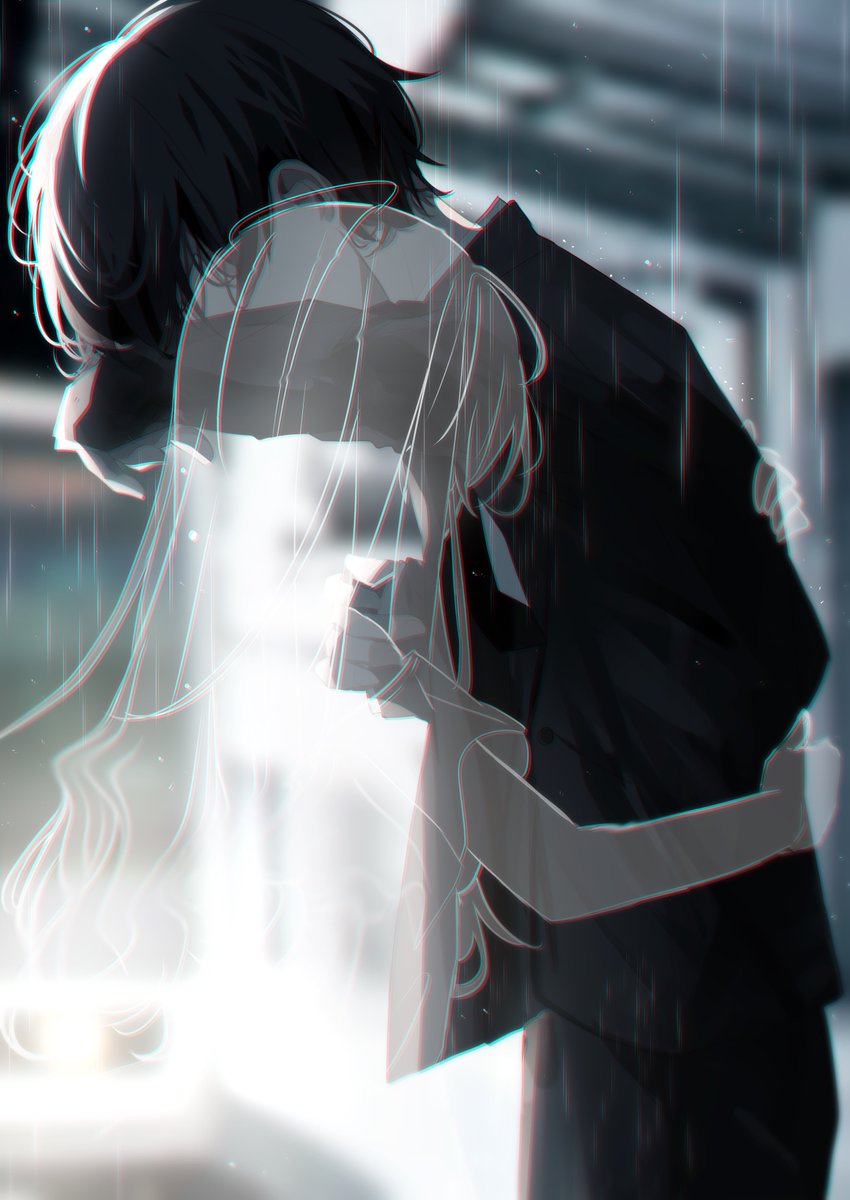 1girl 1boy long hair rain blurry transparent hug  illustration images