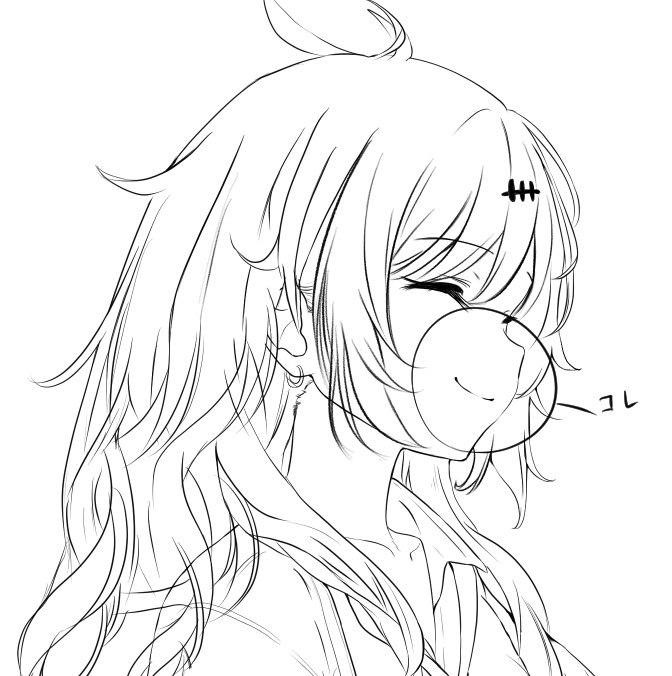 今まで横顔のアニメ口(最近はちゃんと描かれてる事も多いみたいです!)が描けなくてずっと立体考えて描いてましたが、セルの関係で口だけを独立させるためだけの手法だと思ってましたがイラスト的にも映える時ありますね!
今回やって思いました!