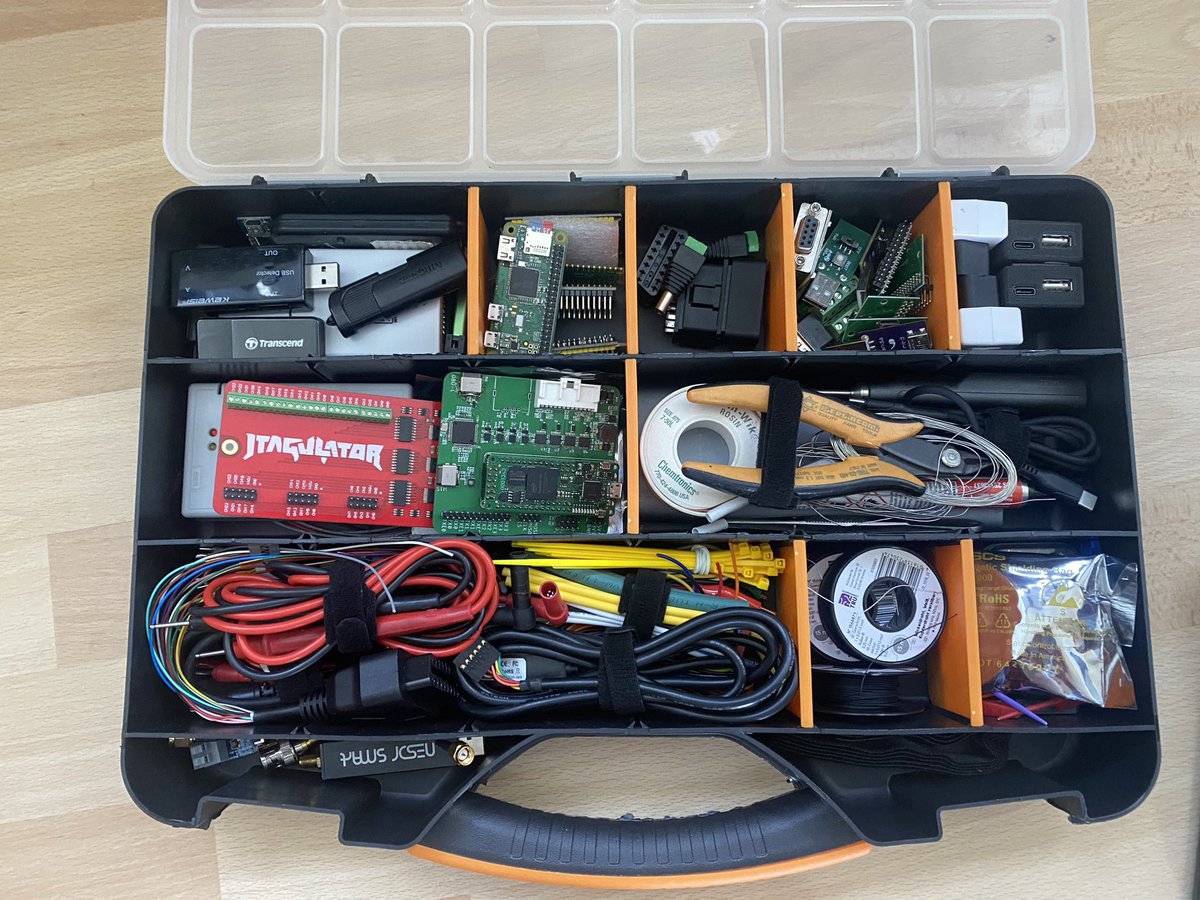 On my way to @defcon! Looking forward to the @CarHackVillage CTF 🚗. Can you spot all the tools I packed?
