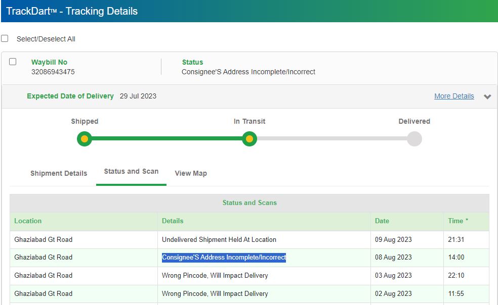 vk4u_1990's tweet photo. @BlueDartCares @BlueDart_ 
AWB No.- 32086943475 is pending to deliver since 29th July and status showing as (Consignee'S Address Incomplete/Incorrect). I am getting other things deliver by other service provider on same address. Look into this ASAP. https://t.co/sG8Xf6yVa1