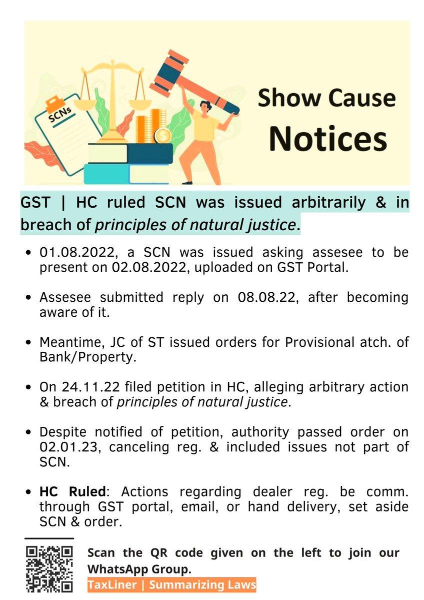 TaxLiner's tweet photo. GST | HC ruled SCN was issued arbitrarily &amp; in breach of principles of natural justice.

Read: https://t.co/qA51TgEkWO

WhatsApp Group: https://t.co/f6zUALwnbv

#GST #incometax  #Inflation #SEBI #rbipolicy #RepoRate world bank  #optionbuying parliament finance minister #stocks https://t.co/OzMa2yRsEL
