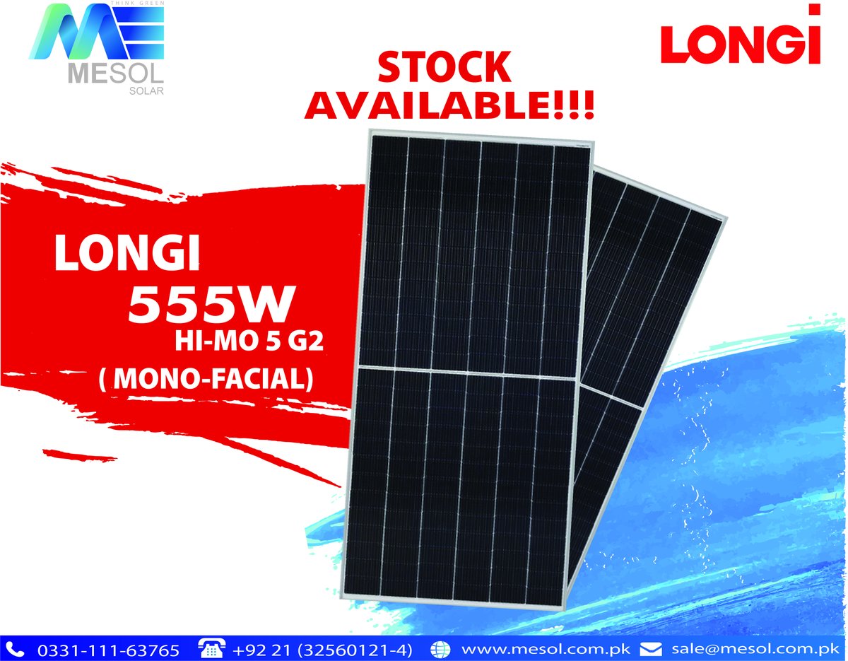 555w Longi Hi-Mo 5 Available from Karachi and Lahore in ready stock. Get your order in quick time!
#pvpanels #solar #solarenergy #SolarPanel #solarpower #available #mesolsolar #greenenergy #solarsystem #SolarPane #Pakistan #electronics #Mesol #Longi #longisolar #energyefficiency