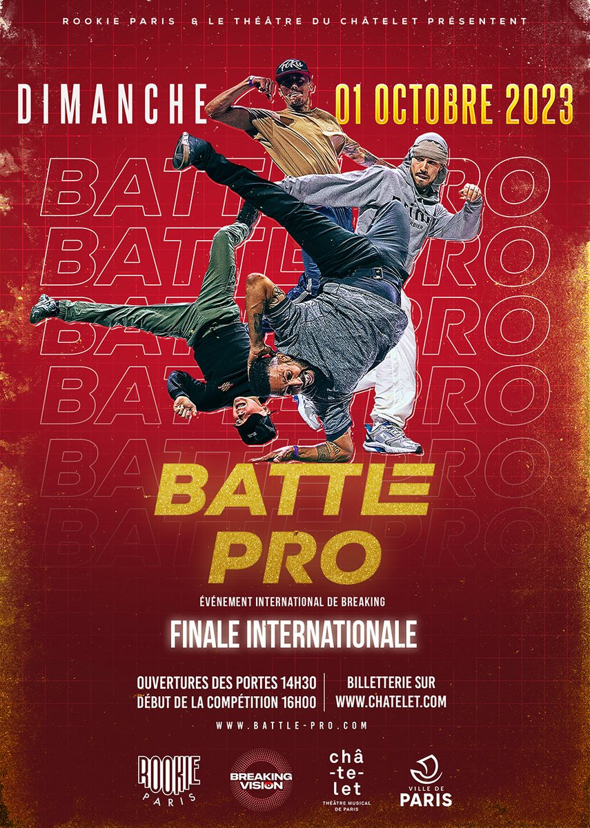 🤸 Cette saison encore, <a href="/BattleProEvent/">Battle Pro</a> revient au Châtelet pour la finale internationale de Breaking.
🔥 Un avant-goût des #JO2024 😋
📆 1er oct.
🎫 bit.ly/Battle_Pro_Eve…
#Chatelet2324