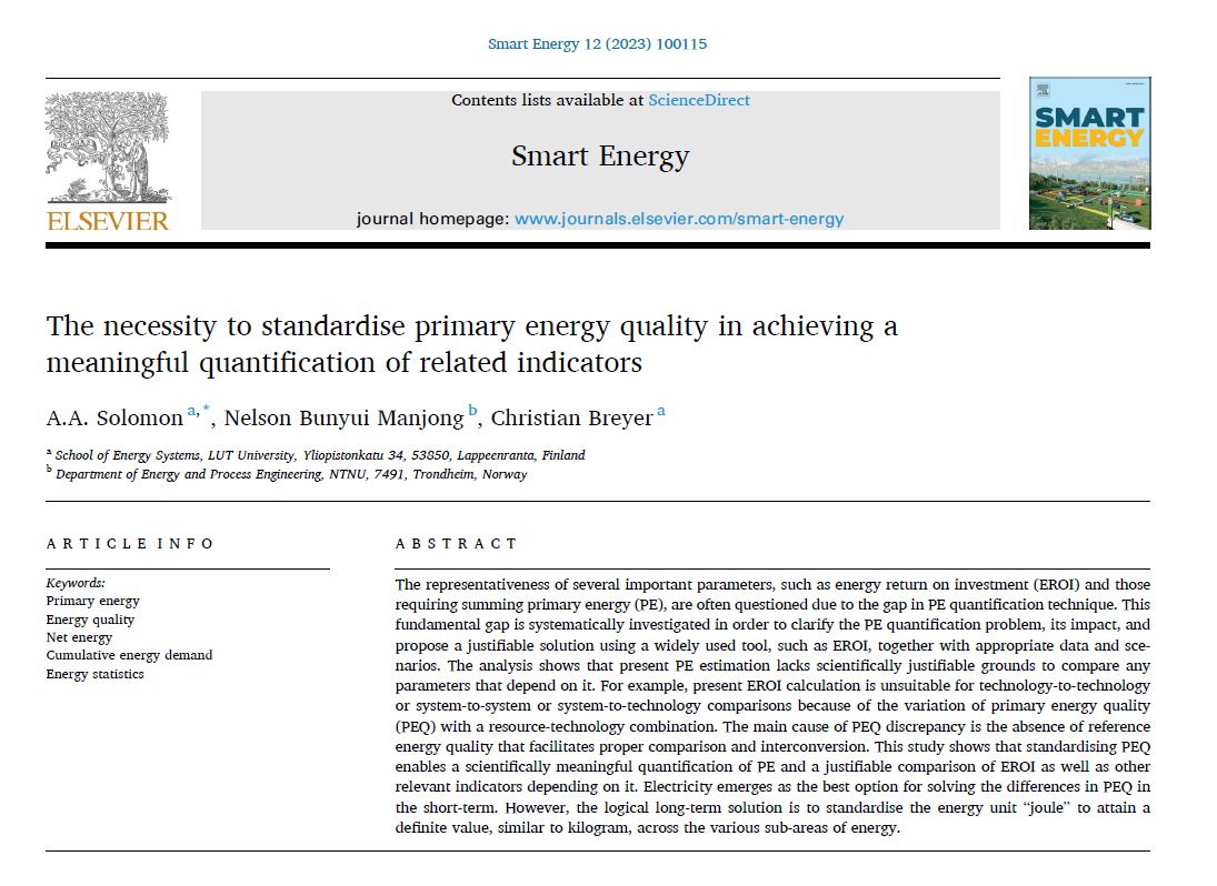 ChristianOnRE's tweet photo. 1/ New research @UniLUT @SolomonAA2 https://t.co/Pp7FazKmyy
examines the discrepancies of various energy related indicators (e.g. EROI) and shows the necessity of standardising primary energy quality in order to achieve a meaningful quantification of various indicators. https://t.co/VXsmyeRSwj