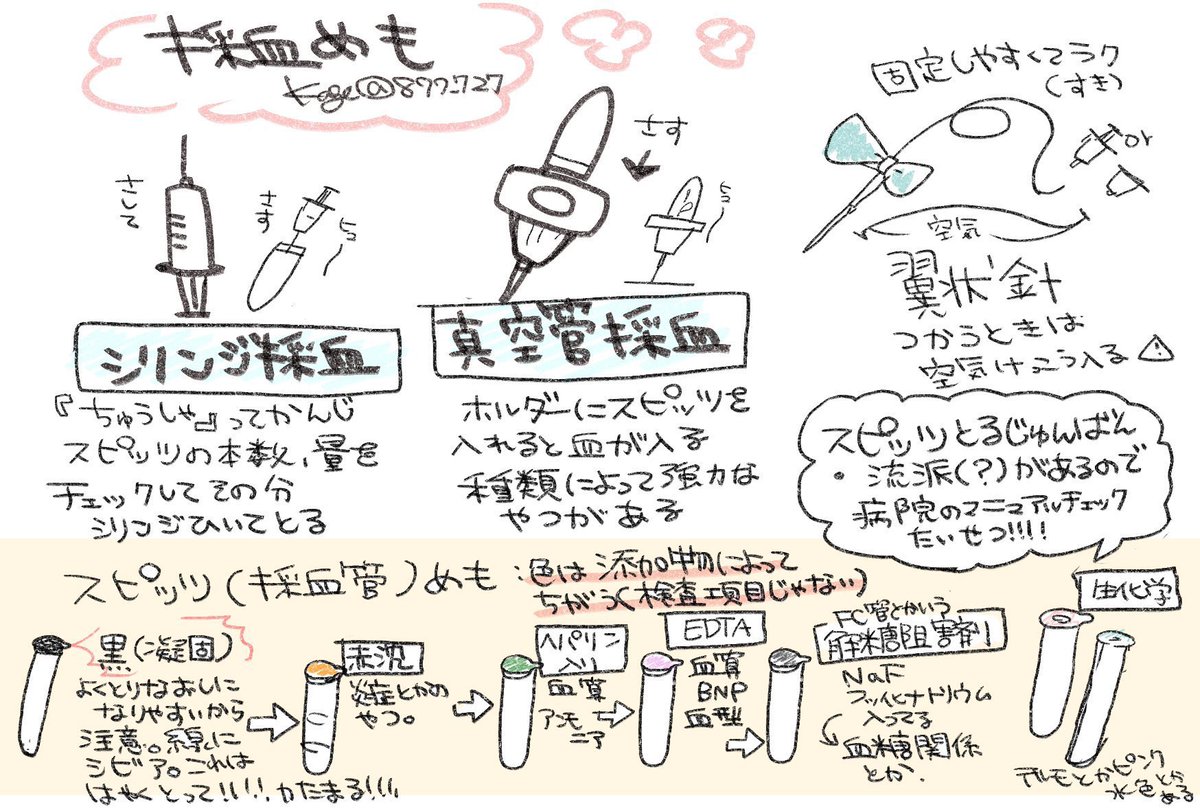 採血上手くなりたいめも💉 凝固スピッツに関しては穿刺したときの細胞片が入るとかで1番初めはやめた方がいい…というのもあるので(真空管採血の場合など)病院毎のルールを確認!⚠️ 3年目くらいから採血(点滴静脈注射)頼まれる側になったのですが、どうやって上手くなったかというと→