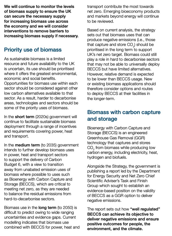 NEW UK govt biomass strategy signals shift away from unabated biomass use twd BECCS, which 'can achieve…negative emissions' if 'well-regulated' Says BECCS is 'critical' to net-zero Govt 'minded to…strengthen' sustainability stds assets.publishing.service.gov.uk/government/upl…