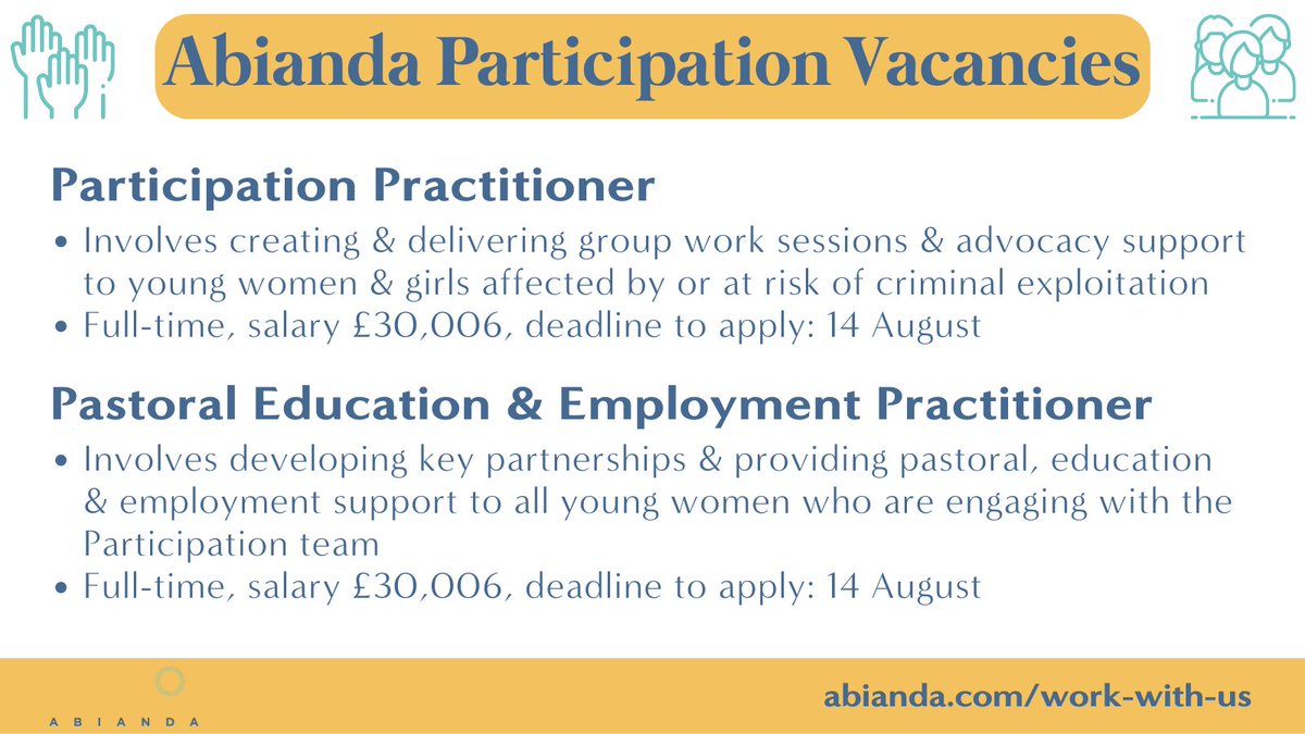 Abianda1's tweet image. 📣 If you are passionate about participatory practice &amp;amp; have experience delivering projects with vulnerable young people, you might be the perfect fit for our Participation team! Read more about the roles here: abianda.com/work-with-us
#Participation #CountyLines #SolutionFocused