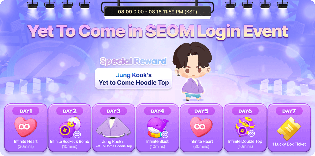 INTHESEOM_BTS's tweet photo. 💜 Yet To Come in SEOM Login Event 💜   

너무 아쉬운 마지막 Yet To Come 후드 출석 이벤트 🥺
#정국 의 의상을 무료로 획득할 기회를 놓치지 마세요🎁   

🏝 https://t.co/7J8emOEBx9   

#인더섬 #IntheSEOM #BTSIsland #インザソム https://t.co/Dr12cCTevC
