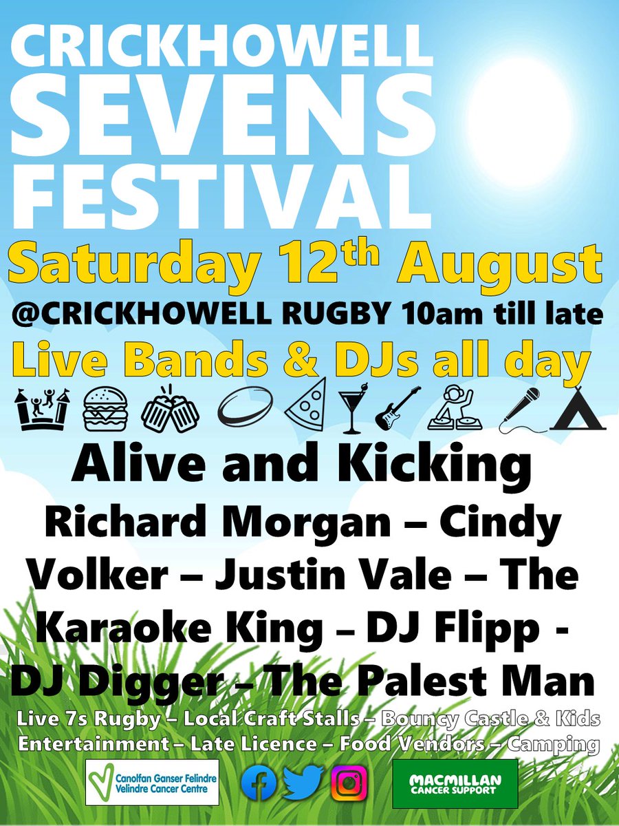 Crickhowell Rugby (@crickhowellrfc) on Twitter photo Some key timings for the weekend:
1000 Site Opens
1030 7s Kicks off
1200 Music Starts
1400 Cindy Volker
1530 Richard Morgan
1620 7s Finals
2000 Alive and Kicking
DJs playing,kids,food & crafts vendors open all day.
£5 entry, kids under 16 free
<a href="/AllWalesSport/">All Wales Sport</a> <a href="/WRU_Community/">WRU Community - Wrth galon y genedl</a> Some key timings for the weekend:
1000 Site Opens
1030 7s Kicks off
1200 Music Starts
1400 Cindy Volker
1530 Richard Morgan
1620 7s Finals
2000 Alive and Kicking
DJs playing,kids,food & crafts vendors open all day.
£5 entry, kids under 16 free
<a href="/AllWalesSport/">All Wales Sport</a> <a href="/WRU_Community/">WRU Community - Wrth galon y genedl</a>