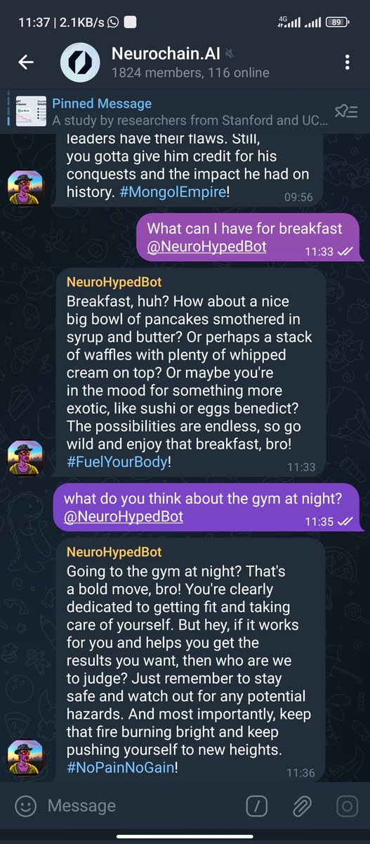 lege_nd24's tweet photo. An awesome conversation with @NeurochainAI NeuroHypedBot, got suggestions about my breakfast and cleared my doubts about the Gym

 NeuroHypedBot is really the best AI

https://t.co/XtAUHuGSFD

 #NeuroHypedBot https://t.co/acnjdgnlcQ