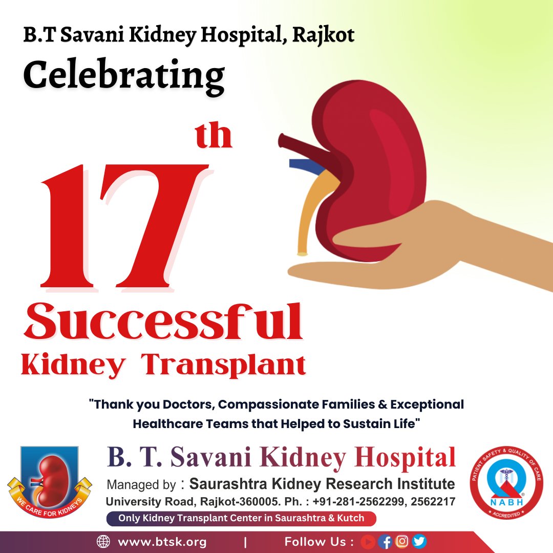 'Milestone Alert:17 Kidney Transplants and Counting, B.T Savani Hospital's Remarkable Journey'
#btsavani #kidneytransplant #kidneys #kidneytransplantrecipient #dialysis #kidneytransplantsurvivor #nephrology #urology #life #Health #hospital #India