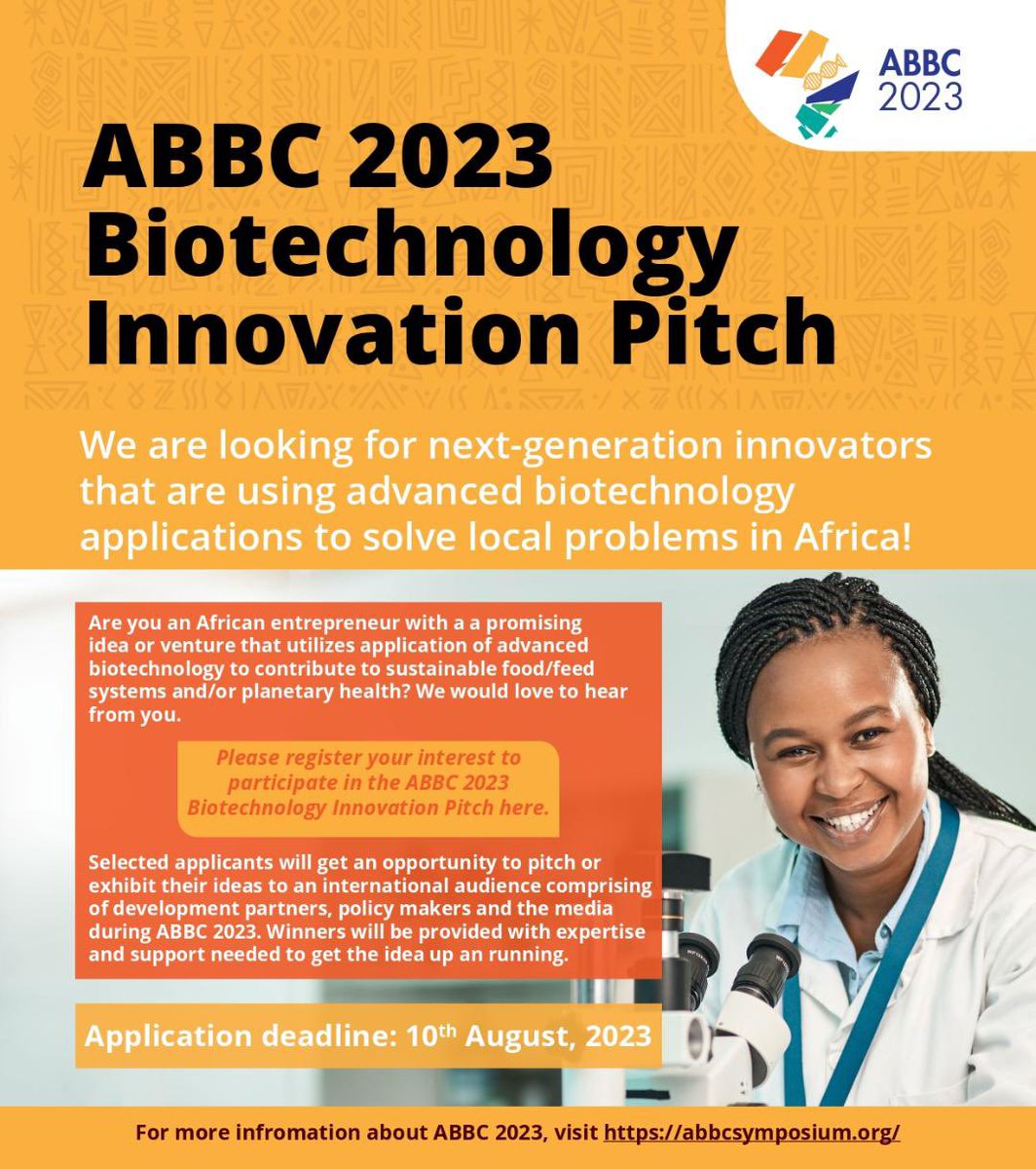 Are you an African entrepreneur with a promising idea or venture that utilizes application of advanced biotechnology to contribute to sustainable food/feed systems &amp;/or planetary health &amp; solving local problems in Africa.? 

Register here: abbcsymposium.org 

#Innovation