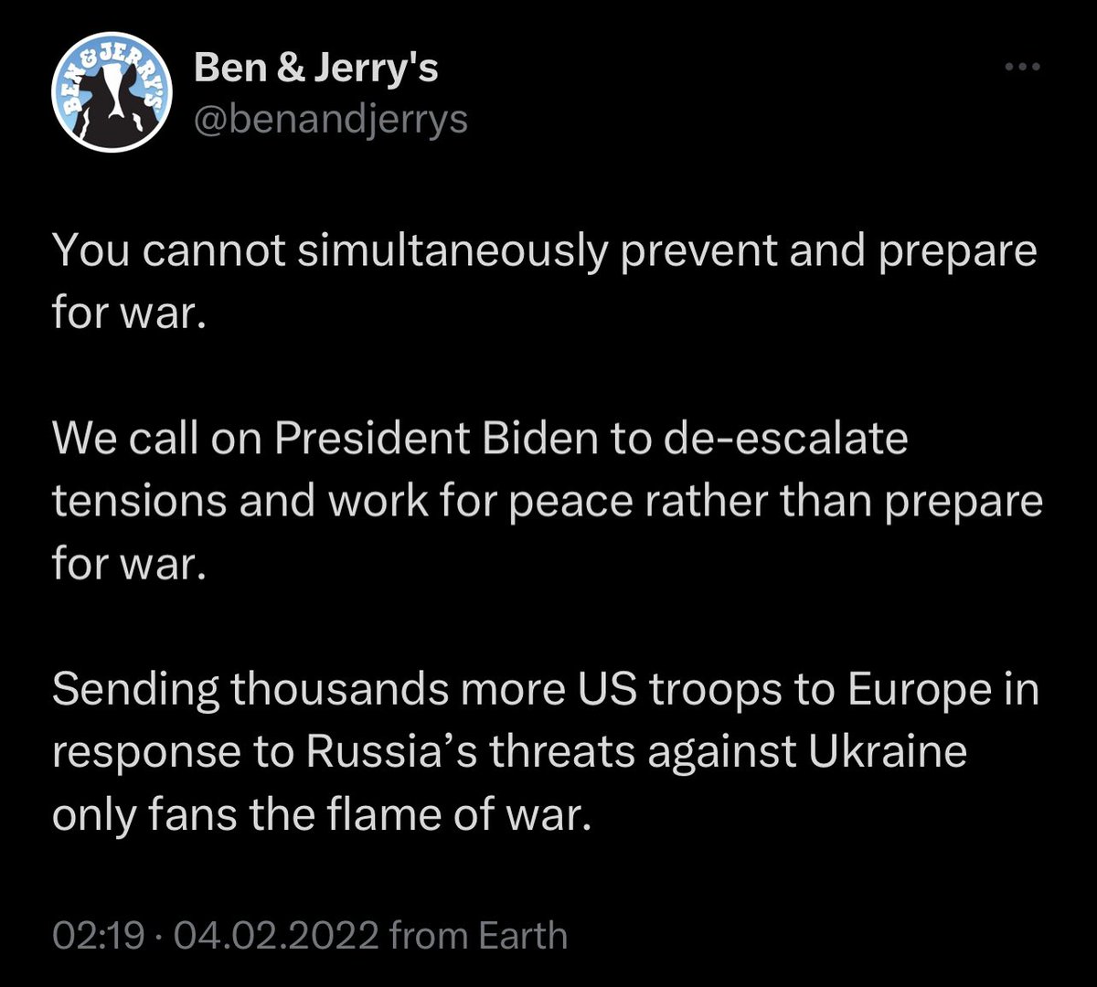 Baltic_Takes's tweet photo. Worth a reminder of this tweet now that we know @benandjerrys is literally a sponsor of russia’s war as part of @Unilever.

As the troops it sponsors were poised for genocide, Ben & Jerry’s tried to claim that abandoning democratic allies to mass murder was a progressive cause.

There’s a pattern with this brand.

It campaigned to end modern slavery while not tackling the use of child labour within its own supply chain. It campaigned for the return of Native American land, while ignoring the fact its own Vermont HQ is built on stolen Native American land.

Ben & Jerry’s acts sanctimonious for its oh-so-clever cutesy marketing that wins lots of awards - but it quickly moves onto another topic before people start unpicking the hypocrisy.

Much of this can be explained by cofounder Ben Cohen whose ‘progressive values’ are thinly-disguised Kremlin propaganda. Earlier this year, Cohen chose a prolific Pro-Putin, Pro-Assad atrocity denier for his new ‘journalism’ award.

But Ben & Jerry’s can no longer pretend to be a folksy small town company. It’s Unilever. And that’s the big problem right now. Unilever broke its promises to stop investing in Russia. It pays huge amounts of tax there to fund Russia’s genocide.

When Ben & Jerry’s hit send on that tweet, they didn’t stop to think how that might be received in our region where their products - and their group company products - are widely sold. They didn’t think it would matter because they didn’t think we had any agency. They didn’t think how the inevitable unfolding aggression would  rebound on them and expose their greed and hypocrisies.

Every product sold by Unilever has an alternative made by genuinely ethical companies across our region who support Ukraine (including ice creams made with far less additives & weed killing chemicals). It’s time to embrace them more, while also supporting @SolidarityUKR to ensure that Unilever is reminded every day in every way:

You cannot simultaneously be sanctimonious and a sponsor of genocide.

We call on @Unilever to leave Russia and work for peace rather than finance war.

Sending hundreds of millions more dollars to Russia in response to its full scale war against Ukraine only fans the flames of aggression.