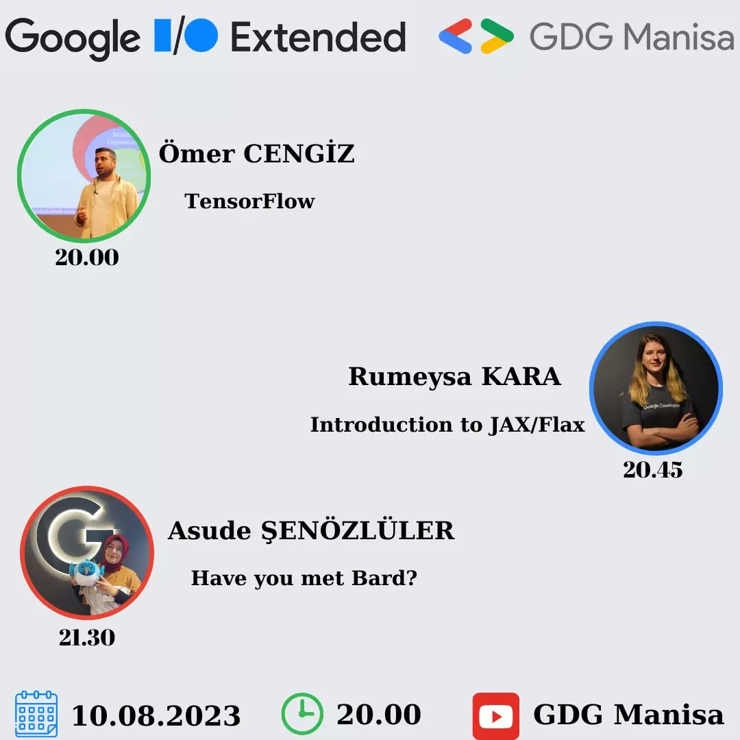 Vee etkinlik günü geldiii 🥳

Birbirinden değerli konuşmacılarımız ve sunumlarıyla gerçekleşecek olan Google I/O Extended etkinliğimize bu akşam 20.00'da hepinizi bekliyoruz. Hatırlatıcılarınızı kurmayı unutmayın 🤩
Etkinlik Linki 👉 youtube.com/watch?v=klbX8c…