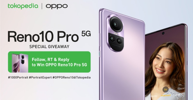tokopedia's tweet photo. ✨ GIVEAWAY OPPO Reno10 Pro 5G ✨

Caranya:
1.  FOLLOW @tokopedia &amp; @OPPOIndonesia
2. RT &amp; LIKE tweet ini
3. Reply "Aku mau OPPO Reno10 Pro 5G untuk bikin 1000 Portrait #1000Portrait #PortraitExpert #OPPOReno10diTokopedia” dan mention 1 orang temanmu

Good luck!💚 #tokopehadiah https://t.co/LFMt1cj1Ym