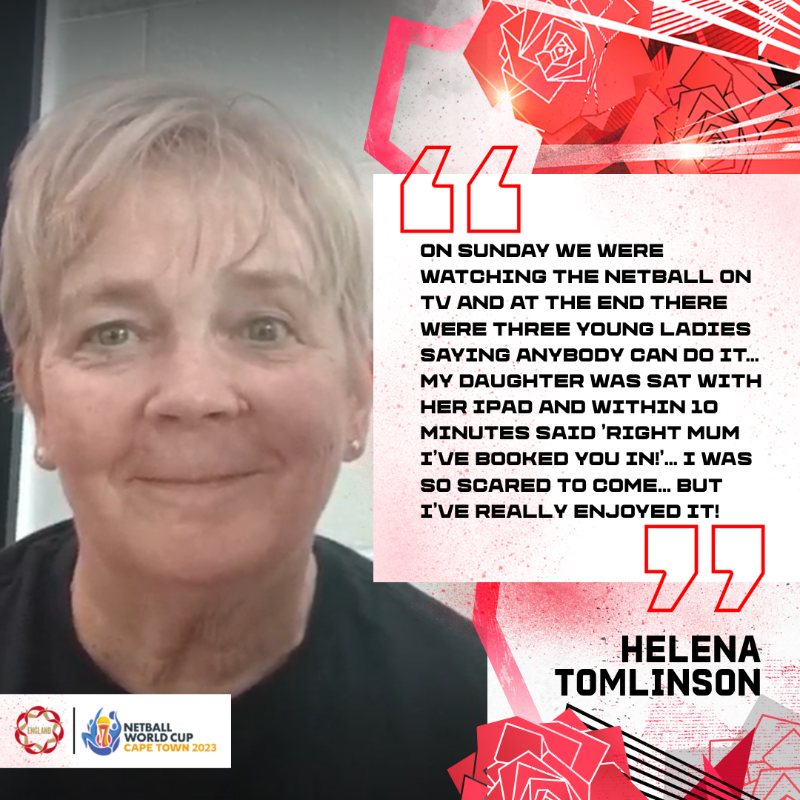 EnglandNetball's tweet photo. The importance of visibility ✨

🙌 Helena Tomlinson watched the Vitality Roses' historic World Cup campaign at the weekend and has been inspired to play Walking Netball this week, taking to court for the first time since school! 

#NWC2023 l @NetballWorldCup