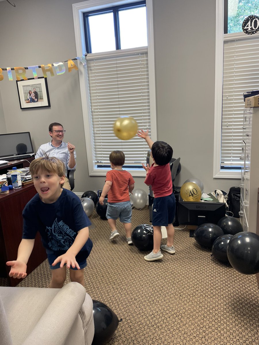 Took the boys to <a href="/leeharrisauburn/">Lee Harris</a> office for his 40th bday party. Cecil spray painted that grey chair 🪑 about 20 min after this photo was taken 😂 🤦‍♀️