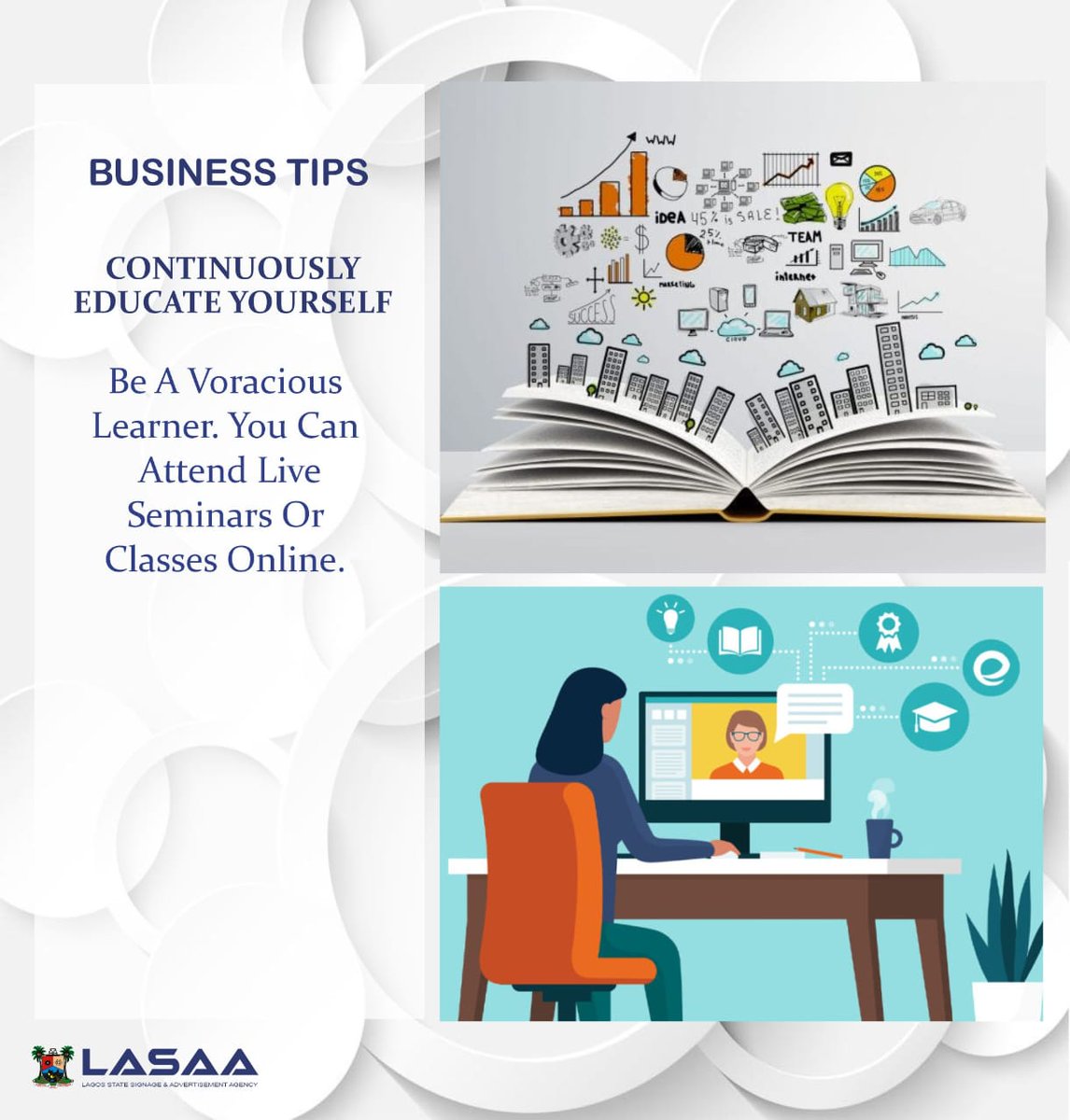 lasaaonline's tweet photo. Continuous education propels us forward, so it's a key factor in success.
Constant and consistent learning throughout your entrepreneurial journey will make it hard to fail.
#lasaa #businesstips #foragreaterlagos https://t.co/Qw1OkUIbIN