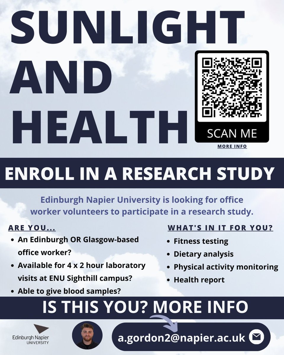 SUNLIGHT AND HEALTH STUDY - PARTICIPANTS INVITED🌞 Why should I? ⚡️Fitness testing - understand your potential 🥑Diet analysis - inform your choices ❤️Health report - insight into wellness Who? Edinburgh and Glasgow-based office workers! Reply 'Interested' for more info🔽