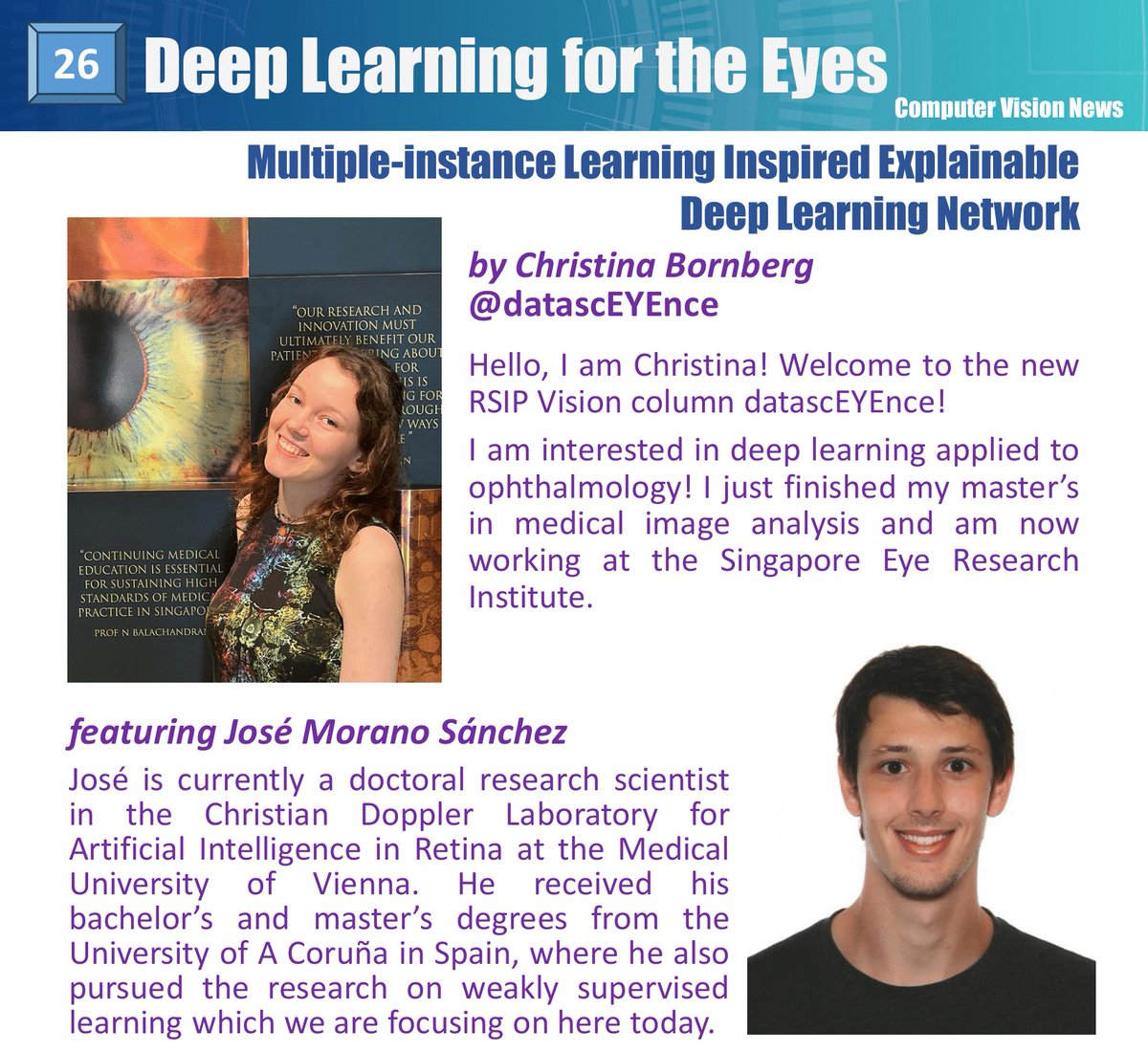 datasceyence's tweet photo. Hello #ophthotwitter! You can read the first interview of the datascEYEnce column in Computer Vision News by @RSIPvision now!! The topic is a recent publication by José Morano Sánchez on multiple instance learning applied to AMD lesions in fundus images: https://t.co/n1Uj0h0Yh0 https://t.co/H8IU6o84Bv