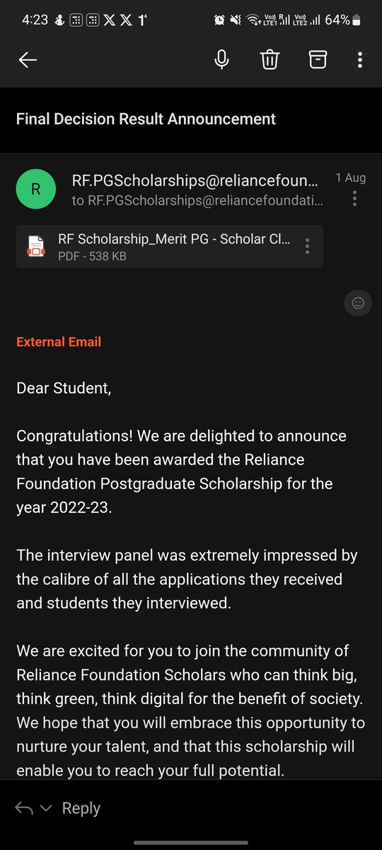 Glad to share that I've been awarded Reliance Foundation PG Scholarship! (among 100 in all India). Special thanks to Prof <a href="/nipun_batra/">Nipun Batra</a> &amp; Prof. Shalabh Bhatnagar for LORs. Thanks <a href="/patel_zeel_/">Zeel B Patel</a> to help me in writing SOP &amp; PS.

<a href="/ril_foundation/">Reliance Foundation</a> 
#Scholarships