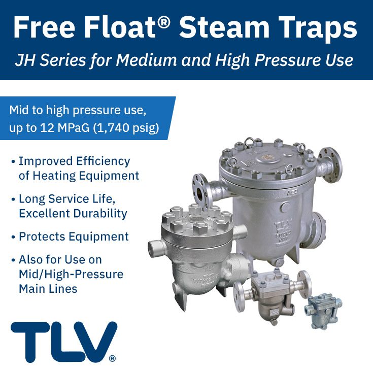 TLV's JH series Free Float® steam traps, designed for use on mid to high-pressure applications, enable high-volume continuous condensate discharge, automatic air venting, and a steam-tight seal.

See full range here: www2.tlv.com/products/steam…