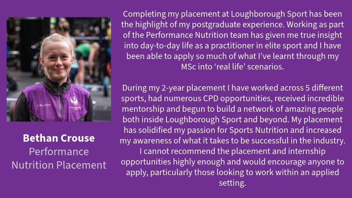 A_S_Nutrition's tweet photo. Who better to hear from about what the Performance Nutrition Placement is like at @lborosport than Bethan Crouse?

Apply Now: https://t.co/l1zizbFmXg 
Closes: 15 Aug https://t.co/T6x2RqPKTp