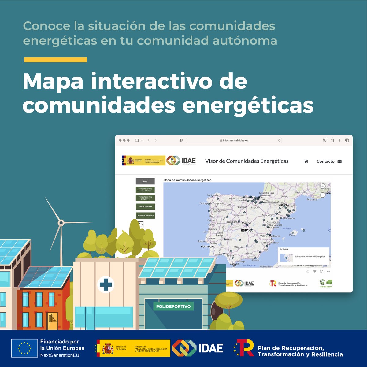 IDAEenergia's tweet photo. ¿Quieres conocer la situación de las #ComunidadesEnergéticas en tu comunidad autónoma?
📢 Consulta en este mapa interactivo de #IDAE las 6️⃣8️⃣ comunidades energéticas ya activas
➡️ Y muy pronto los 5️⃣ proyectos restantes de #CE_Implementa 1 y 2
🔗 https://t.co/duiJAanwka https://t.co/BtDIPsO1Gg