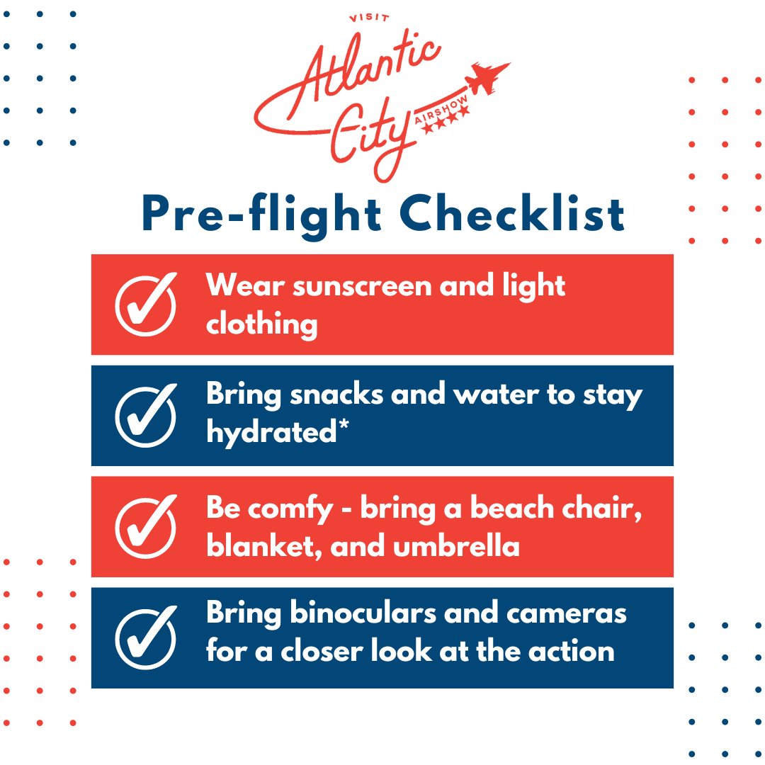Check out our #PreflightChecklist to make sure you come prepared for a day of fun in the sun as you feel the planes soar past you 🛩️

Additional details are available at AtlanticCityAirshow.com! 

#ACAirshow #ACAirshow2023
