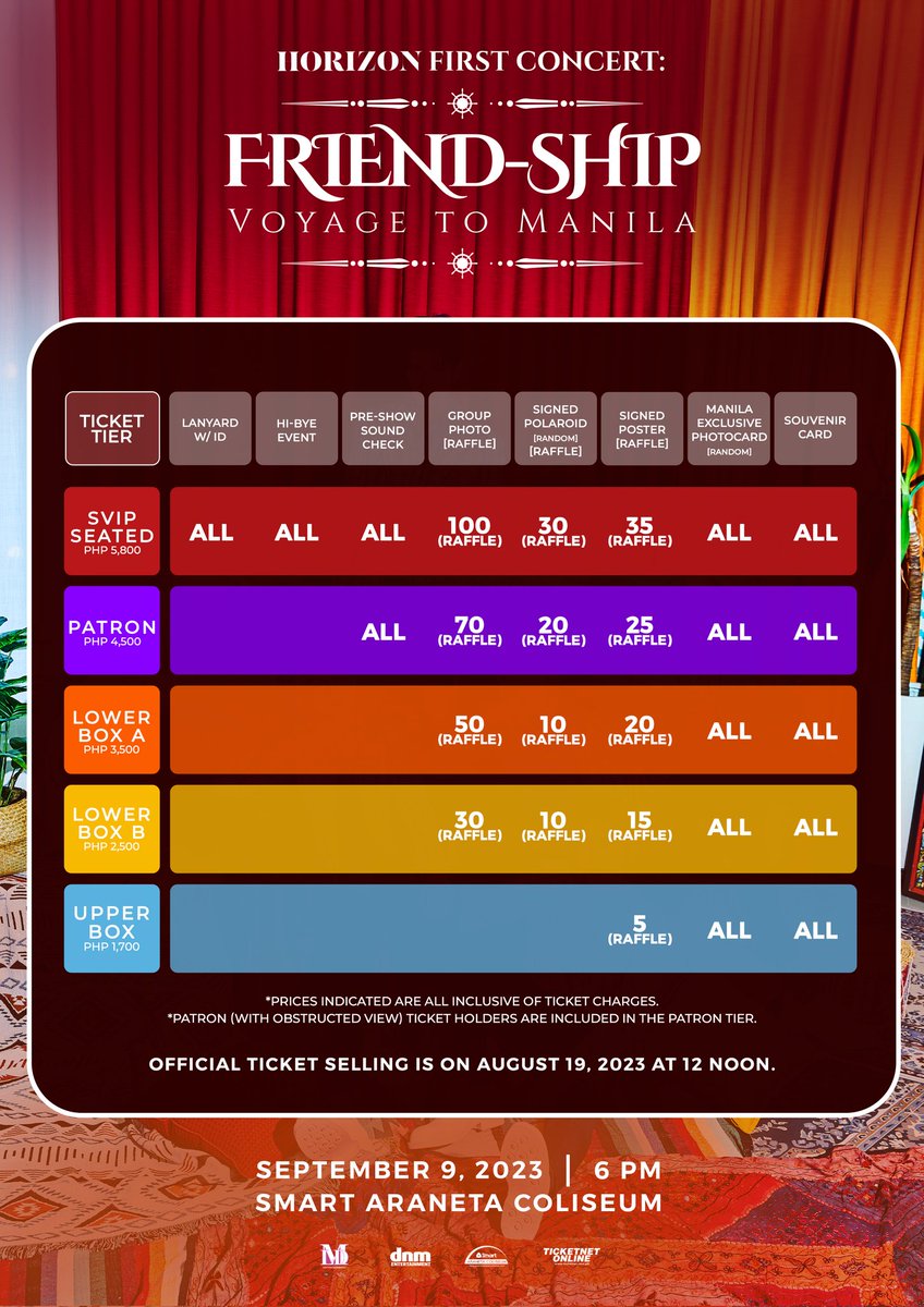 ANCHORs, are you ready? HORI7ON 1ST CONCERT: Friend-SHIP [Voyage To Manila] is about to set sail! Check out our SEAT MAP and FAN BENEFITS here! 🔜Ticket Selling Day: 2023.08.19 | 12 NN PHT 🗓️2023.09.09 | 6PM PHT 📍Smart Araneta Coliseum 🎫TicketNet #HORI7ON #호라이즌…