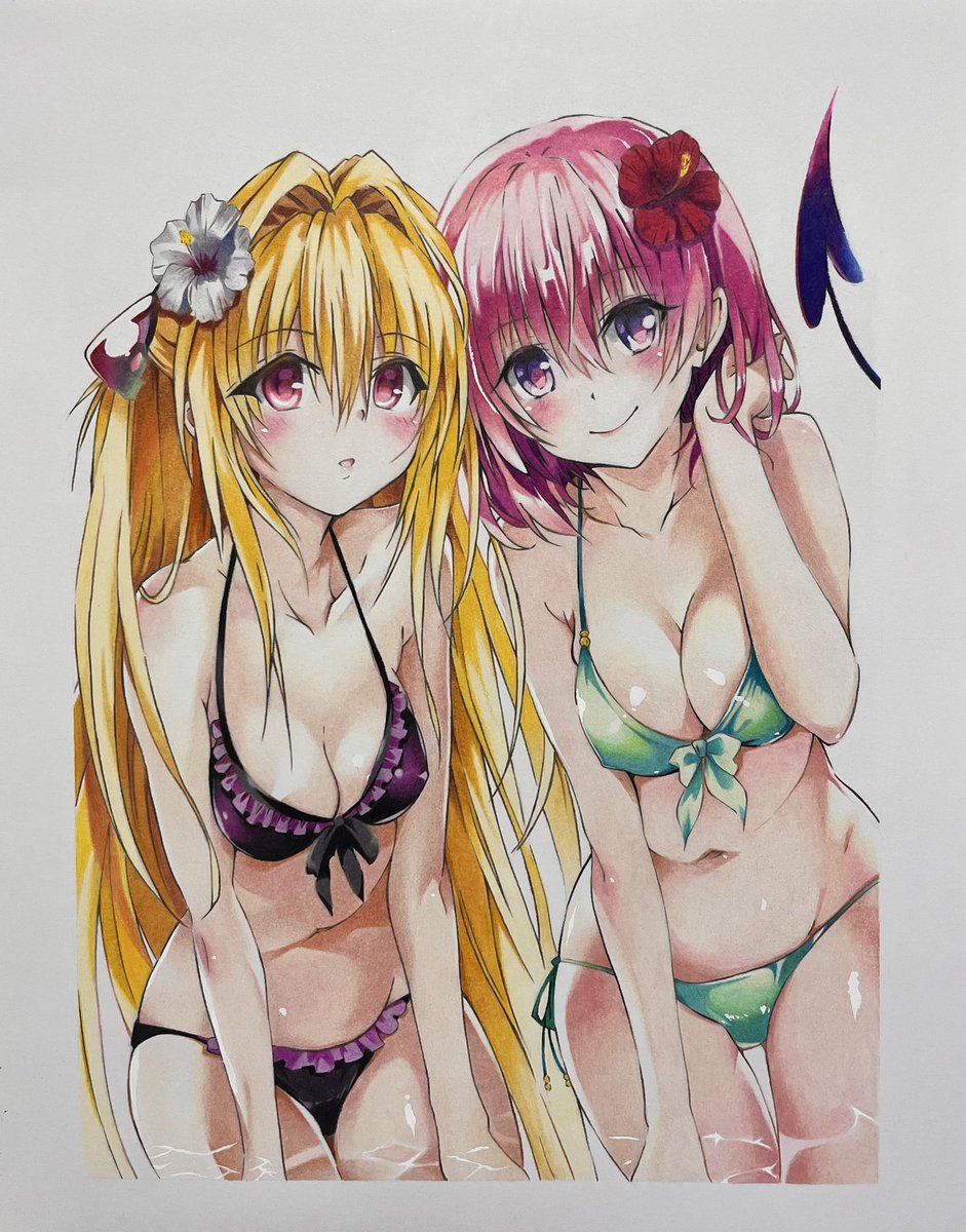 夏なので水着のヤミちゃんとモモちゃん描いてみました！
 
 #模写 #ToLOVEる #色鉛筆 #金色の闇 #モモ・ベリア・デビルーク