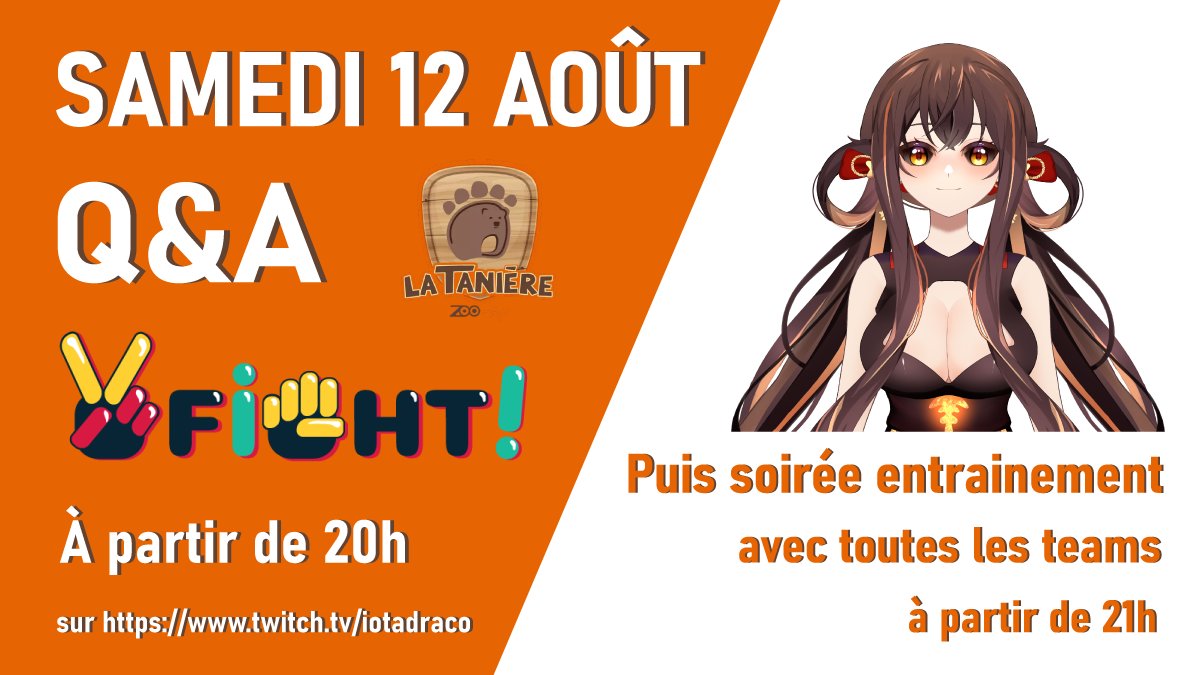 ✨~ FAQ STREAM ~✨

 On vous invite ce samedi 12 Août à 20h pour un stream spécial, au planning:
・Présentation du VFight et des participants 
・FAQ
・Fall guys et Golf it avec plusieurs participants !

On a hâte de vous présenter le projet!

✨twitch.tv/iotadraco✨