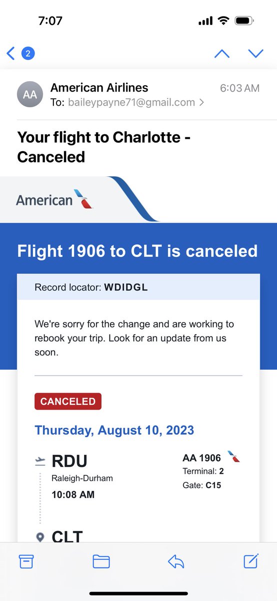 This is the 2nd time this week my flight with <a href="/AmericanAir/">americanair</a> has canceled on me with no prior notice. DO NOT FLY WITH AMERICAN AIRLINES, also there customer service center NEVER helps reimburse ANYTHING 🤦🏽‍♀️
