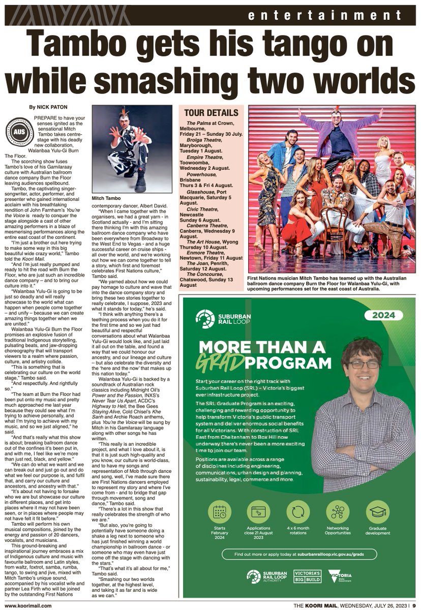 MitchTambo's tweet image. Massive shoutout to @nicholaspaton_ and the incredible team at @koorimailnews for the awesome write-up about my journey as an artist and my electrifying collaboration with @OfficialBTF!

#KooriMail #PressFeature #BurnTheFloor #MitchTambo #Aboriginal