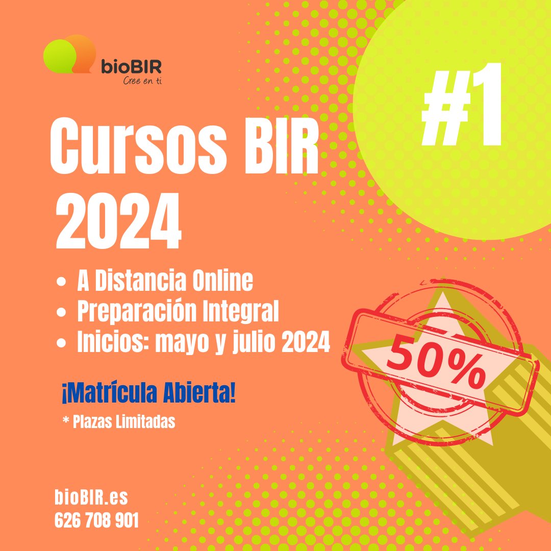bioBIR: Cursos 2024.
Ahora: 50% Descuento (10 plazas).
#VaSerQueBIR