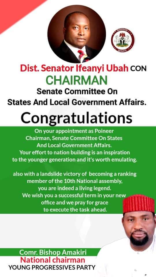EnukoraC's tweet photo. YPP NATIONAL CHAIRMAN COMRADE BISHOP AMAKIRI CONGRATULATES SENATOR IFEANYI UBAH ON HIS APPOINTMENT AS THE PIONEER CHAIRMAN OF SENATE COMMITTEE ON STATES AND LOCAL GOVERNMENT AFFAIRS https://t.co/DI6eVzS23a