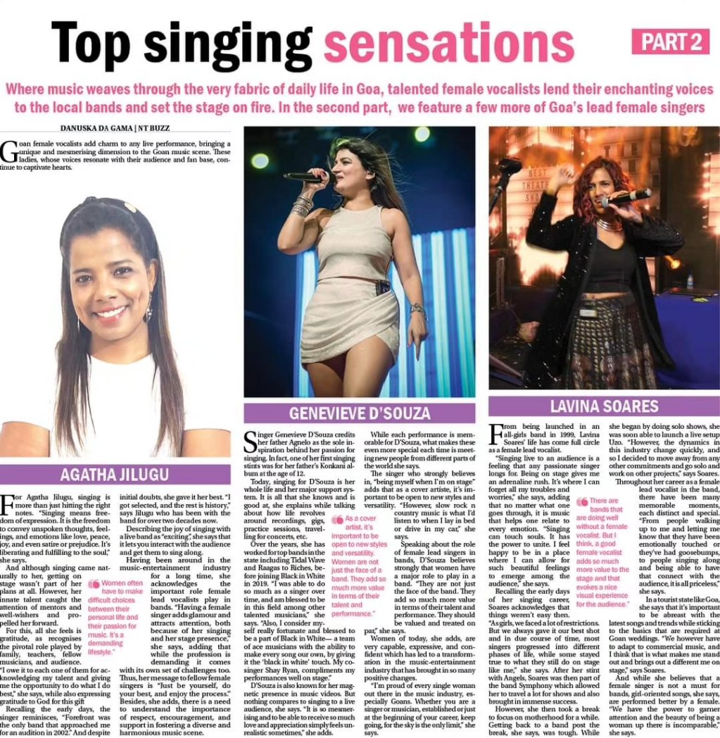 Navhind_Times's tweet photo. Female vocalists lend their enchanting voices to local bands and set the stage on fire. In the second part, we feature a few more of Goa's lead female singers ... Read more in The Navhind Times today! 
.
.
.
#femalesinger #femalevocalist #singerlife #localband #NavhindTimes https://t.co/o0vZMlp2SN