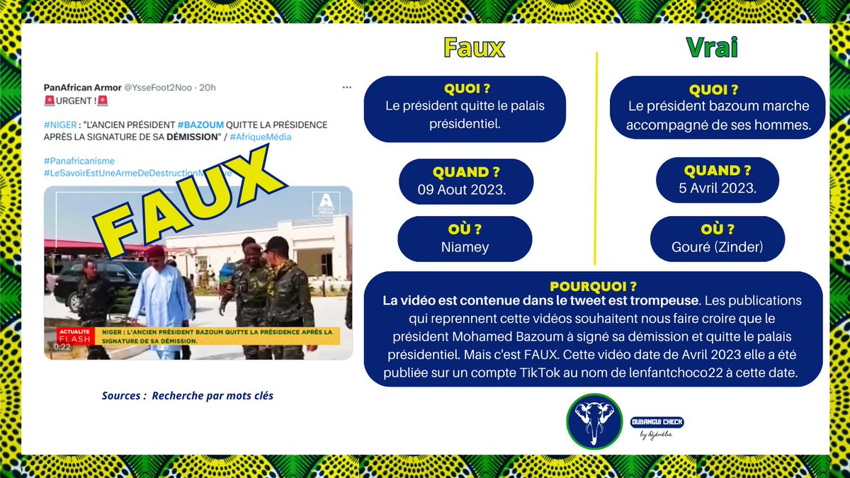 #oubanguicheck sur les réseaux une fausse information #fakenews tourne ces derniers jours au #Niger. Il est dit que le président #Bazoum quitte le palais présidentiel après avoir signé sa démission. Mais c'est FAUX et voilà pourquoi ⤵