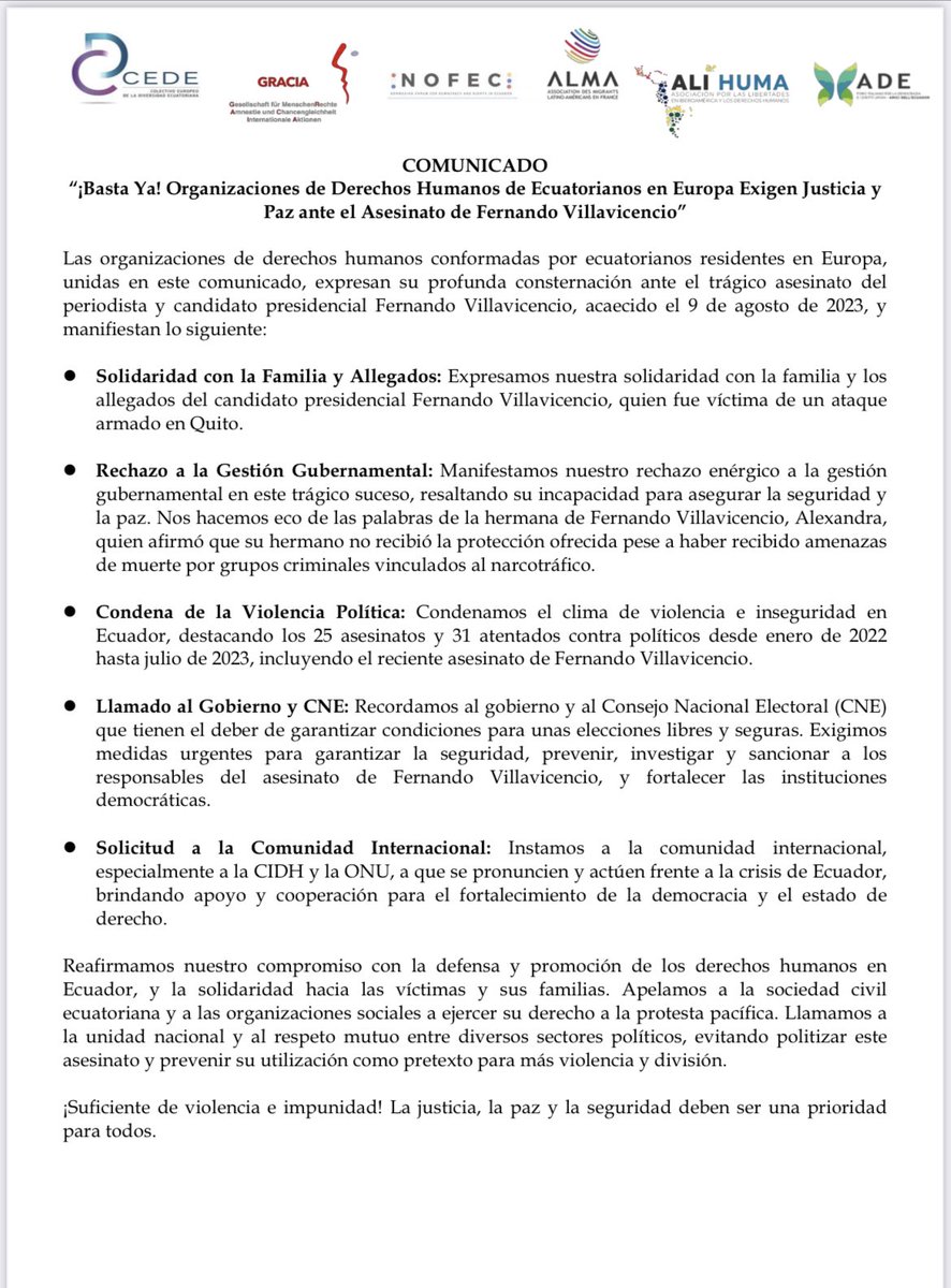 Gracia_ONG's tweet photo. Gracia expresa su profunda preocupación ante la falta de seguridad que azota al país. El asesinato de Fernando Villavicencio es inaceptable. Nuestra solidaridad con su familia y un llamado a las autoridades a garantizar la paz y la democracia del país Basta ya de violencia!! https://t.co/aFkVTBcP9n