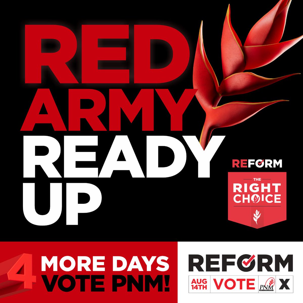 thepnmparty's tweet image. Just 4 days to go! Mark your calendars. 🗓️ Stand up for change and make your choice. Support PNM this Monday, August 14. Cast your ballot 🗳️ for the Balisier and be part of the biggest power shift since Independence!

#GreatIsThePNM
#RightReason #RightChoice  #wevotingPNMonAug14