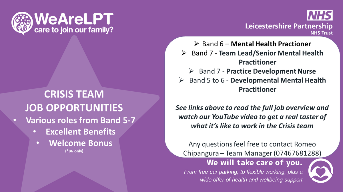 Job opportunities at <a href="/LPTnhs/">Leicestershire Partnership NHS Trust</a> 😀
Watch this short video which tells you more! youtube.com/watch?v=y_Yo1H…
⭐B6 MHP  (jobs.nhs.uk)
⭐B7 Team Lead (jobs.nhs.uk)
⭐B7 Practice Development Nurse (jobs.nhs.uk)
⭐B5 to 6 MHP (jobs.nhs.uk)