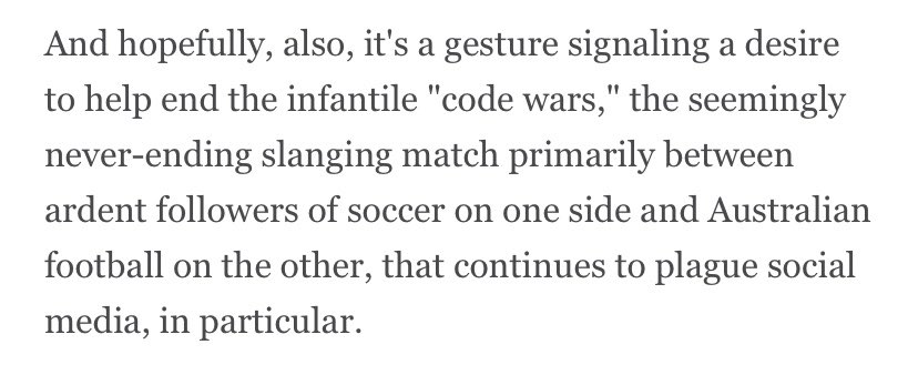 me_dc's tweet photo. I’ve read some horseshit in my time but this assumption tops it.
The AFL is the puppet master of the #cOdEWaRz, the sole organisation in Aus sport that openly fuels them and leans on the PR results to influence govt funding decisions.
Absolute horseshit here from ESPN. https://t.co/I7qcqVbweO